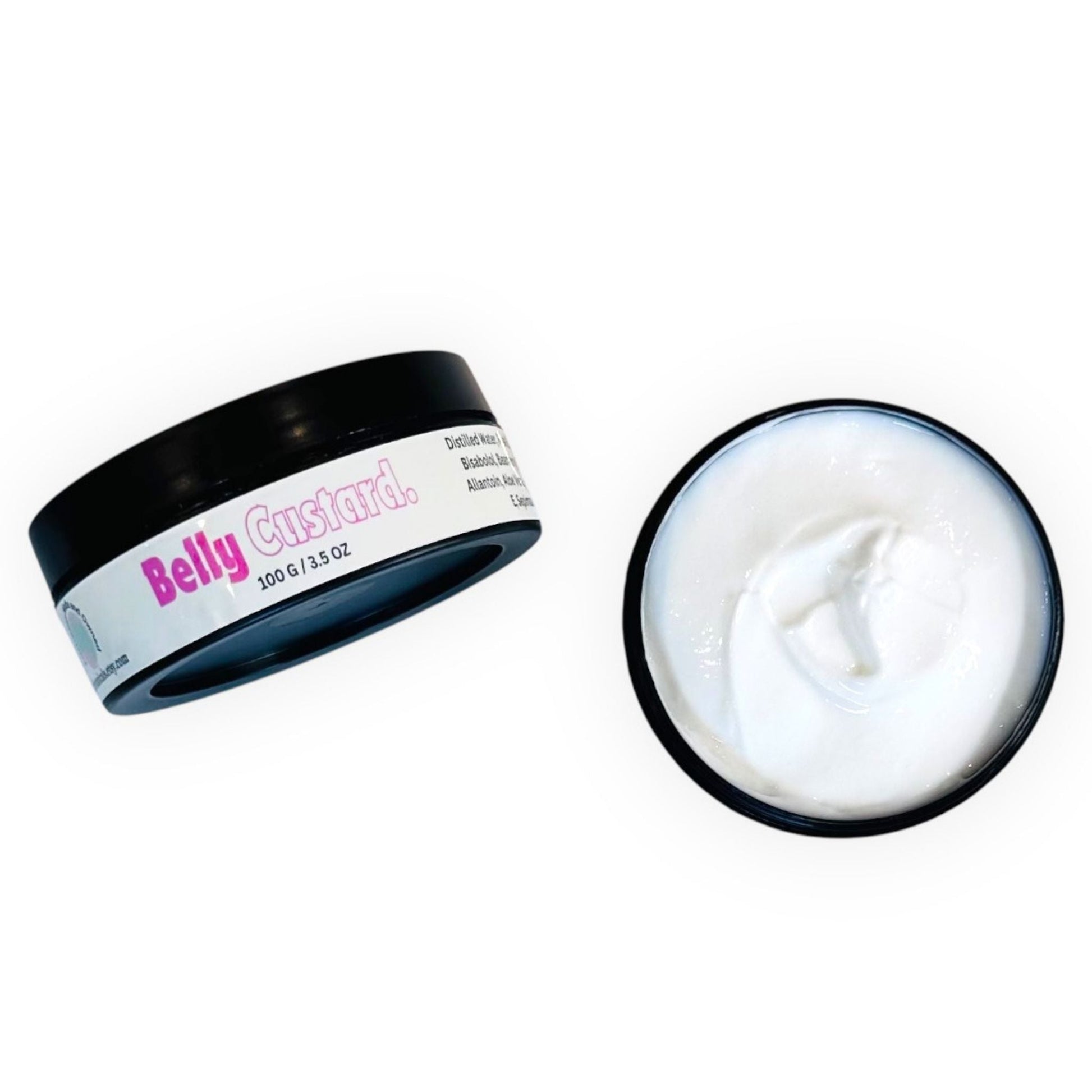 Two jars of belly custard, one unlidded to reveal a bright white, creamy, light, and luxurious belly moisturiser, set against a luminous white background.