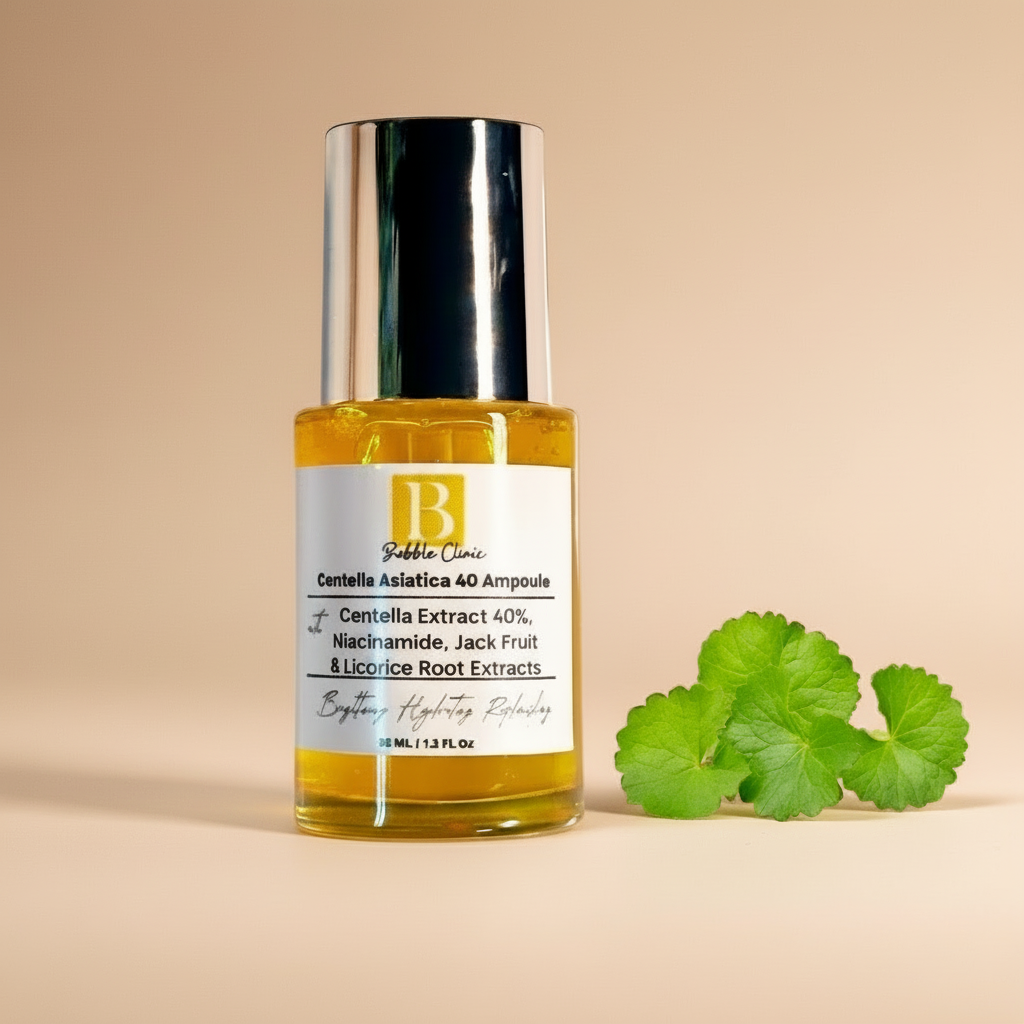 Bottle of Centella Asiatica 40 Ampoule with a green leaf on a beige background representing best Australian clean skincare 