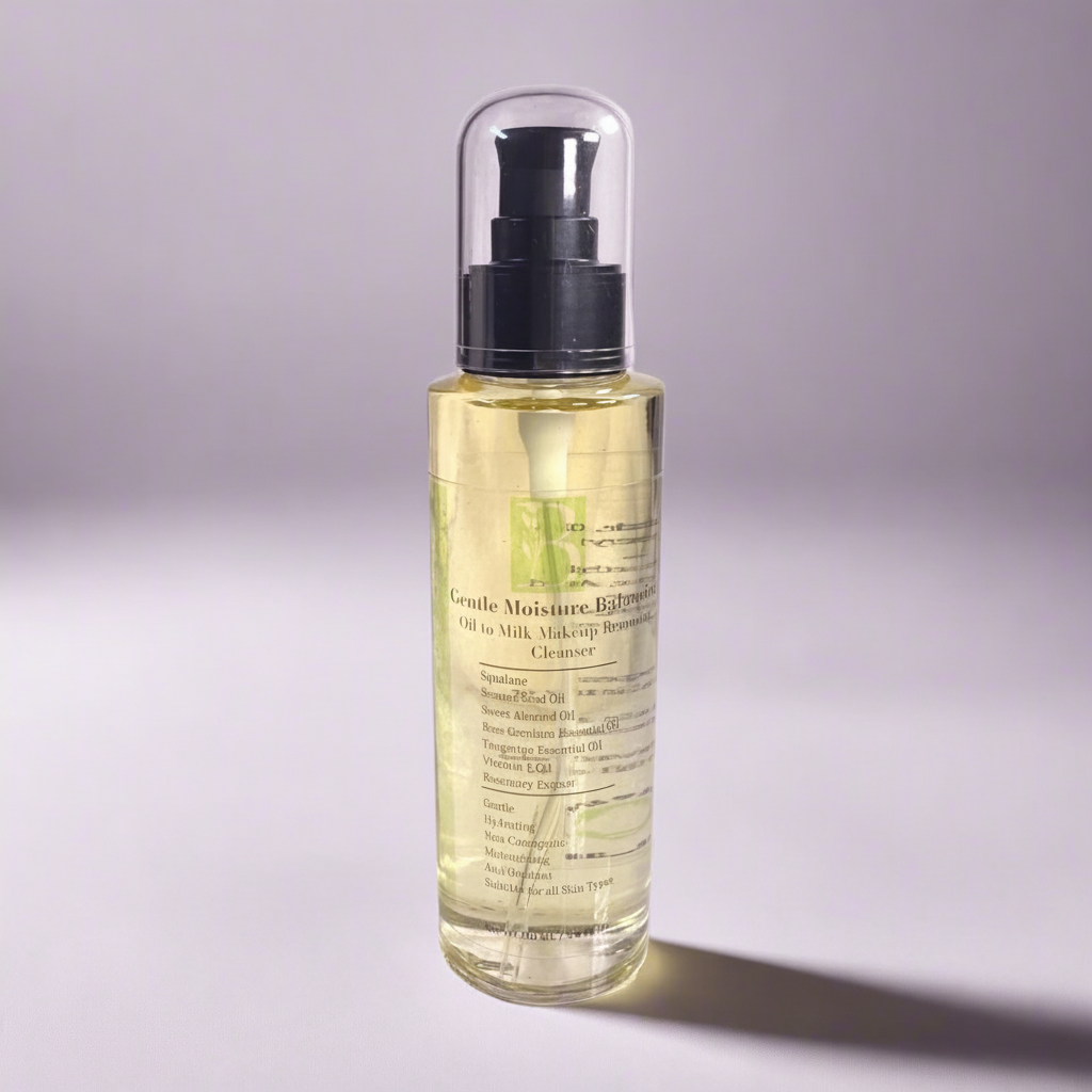 Glass pump bottle with natural cleansing oil one step makeup remover, clean skincare, nourishing cleansing oil on a gradient gray background representing best clean Australian skincare.