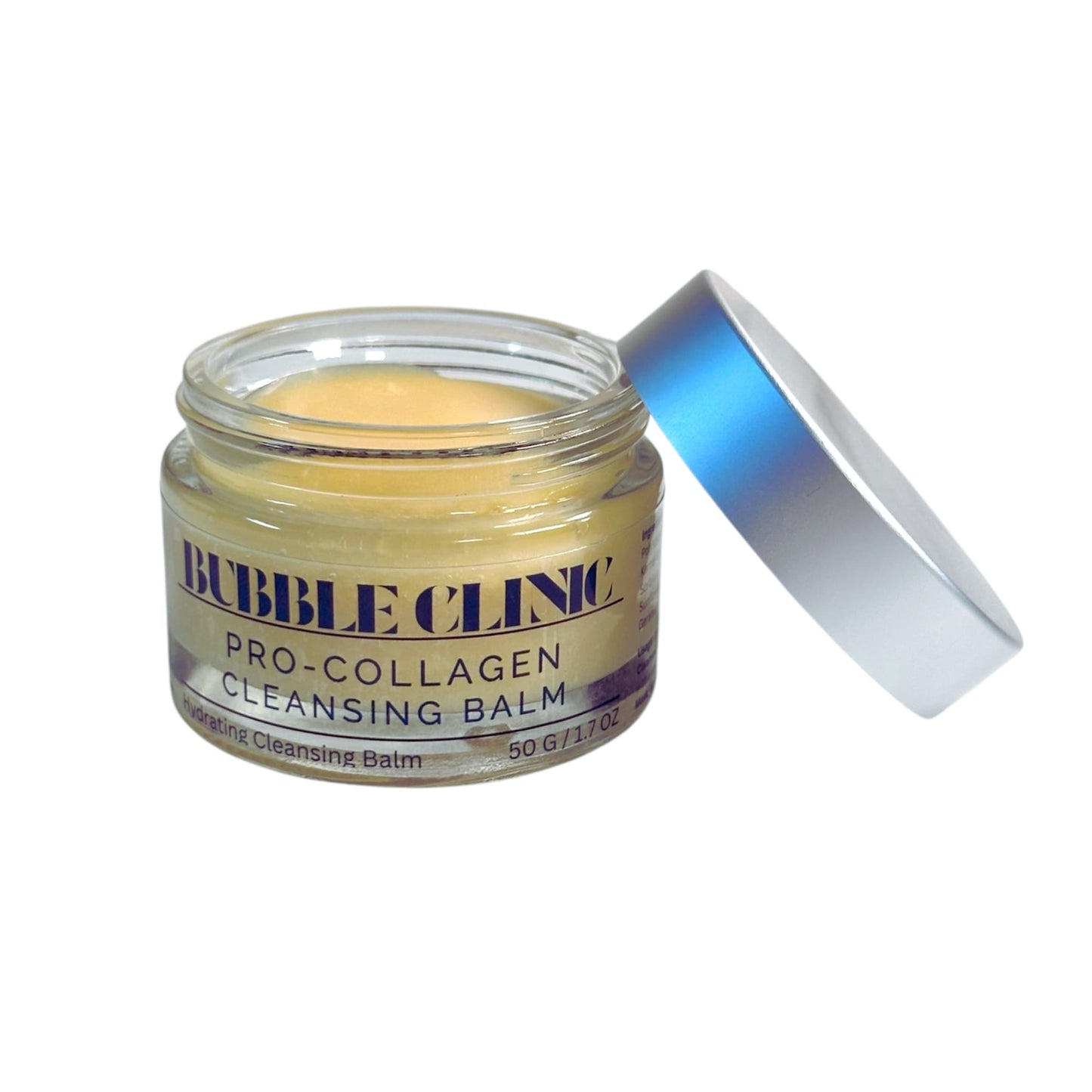 Open glass jar of natural Cleansing Balm on clean white background – smooth, nourishing texture for gentle cleansing and makeup removal.