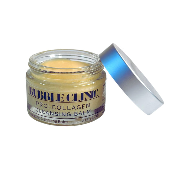 Open glass jar of natural Cleansing Balm on clean white background – smooth, nourishing texture for gentle cleansing and makeup removal.