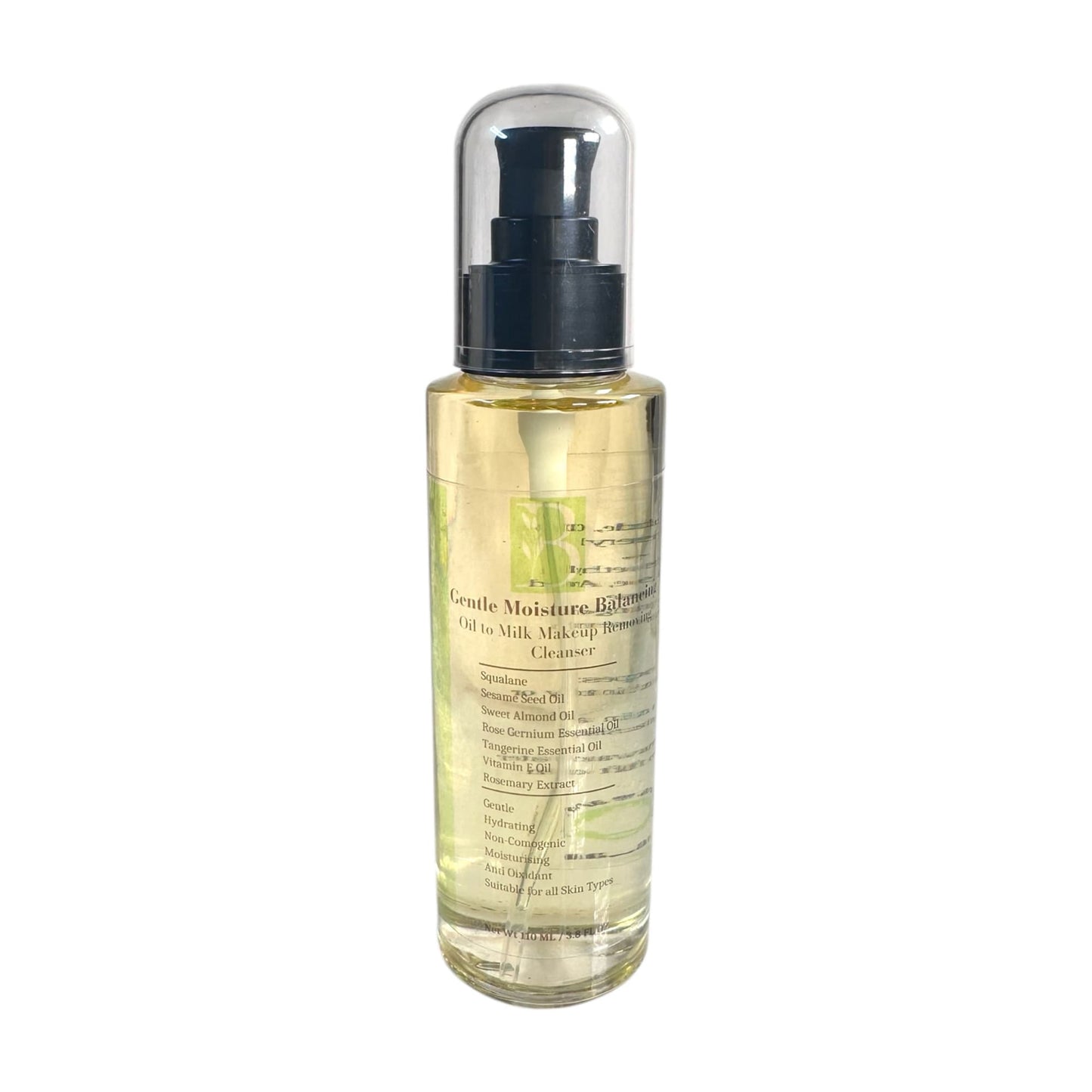 Close-up of Gentle Moisture Balancing oil Cleanser bottle with lotion pump and clear cap – minimal, natural skincare aesthetic on clean white background.