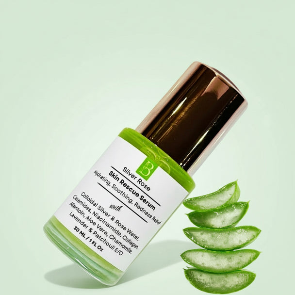 Droooer bottle of Natural niacinamide healing serum with colloidal silver, ceramide, hyaluronic acid for instant eczema relief in environmentally friendly bottle with fresh aloe vera slices highlighting organic serum ingredients.