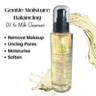 Oil-based cleanser bottle with oil splash background – gentle makeup remover and pore-cleansing face wash that moisturises, softens, and hydrates skin.