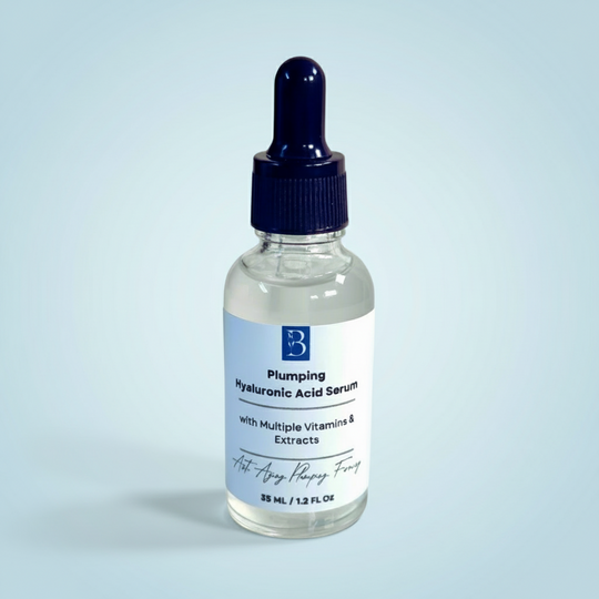 Bottle of plumping hyaluronic acid serum with a dropper on a gray background
