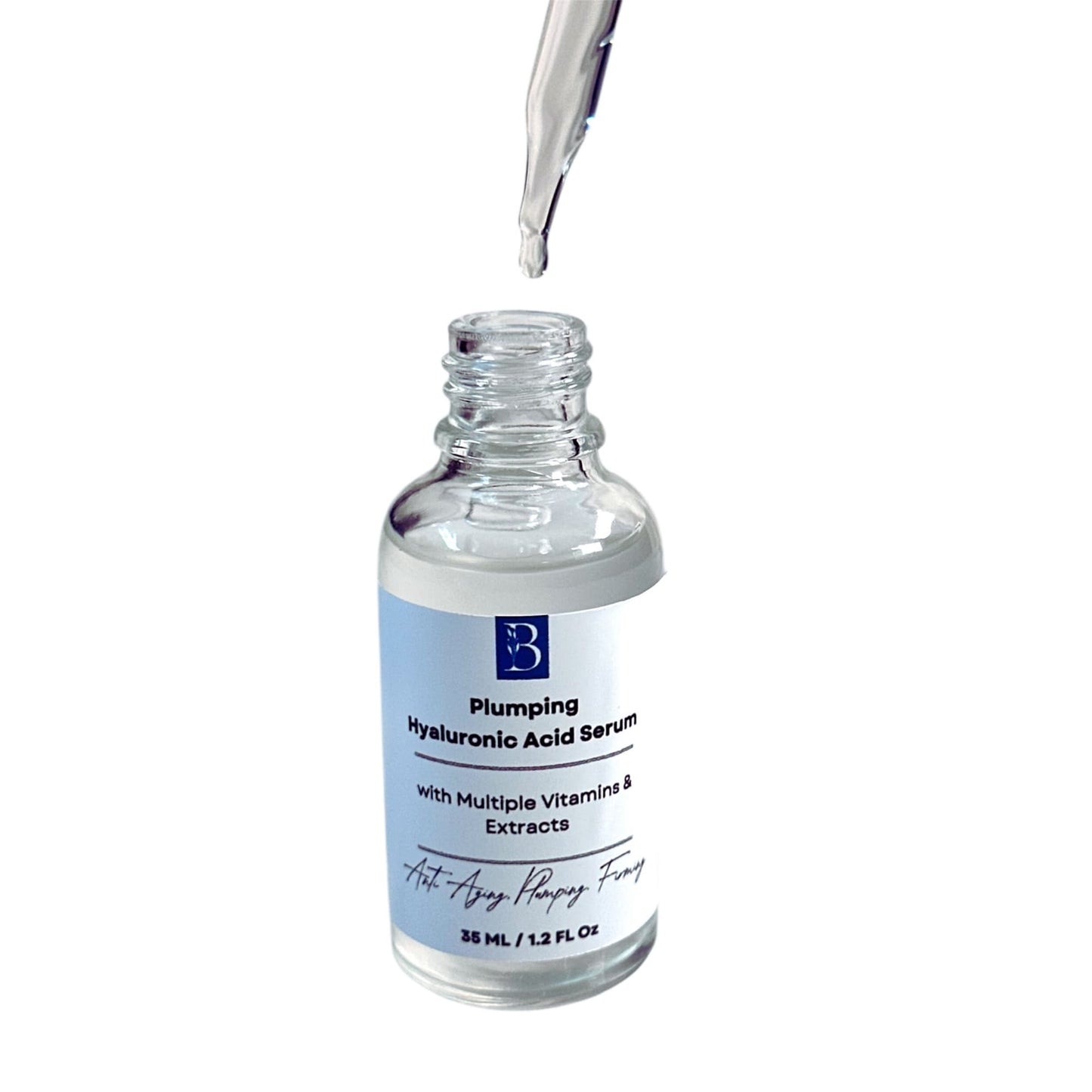 Open serum bottle with dropper positioned above, dispensing clear hydrating serum. Highlights the lightweight texture and natural plumping formula of the Hyaluronic Acid Serum.