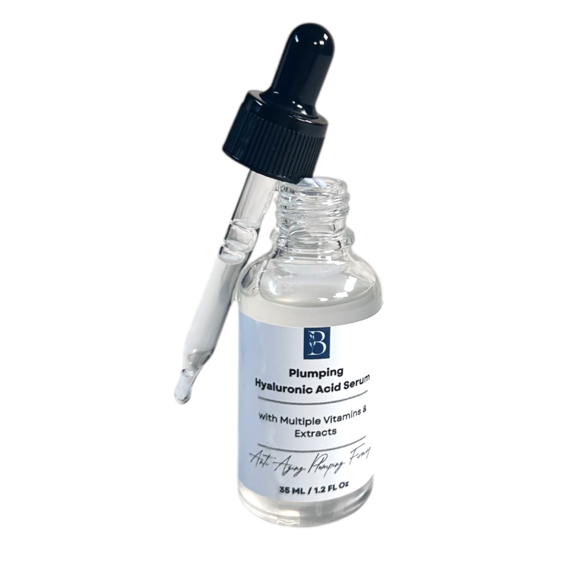 Open bottle of Plumping Hyaluronic Acid Serum with dropper placed to the side, clearly displaying the transparent, lightweight serum texture designed for deep hydration and skin plumping.