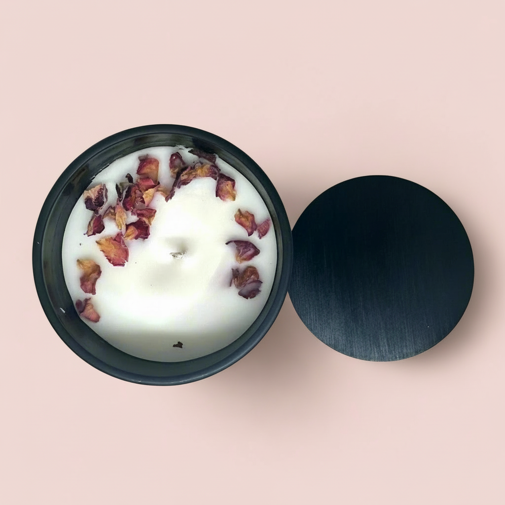 Soy wax candle decorated with rose petals in black concrete jar and black lid against a pink minimalist backdrop.