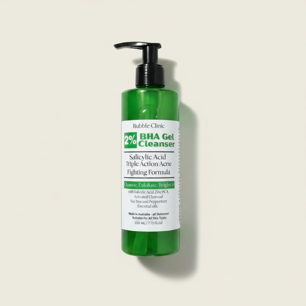 transluscent bottle of BHA salicylic acid Gel Cleanser with tea tree revealing crystal clear green hue of the gel cleanser a beige background representing best Australian acne treatments.