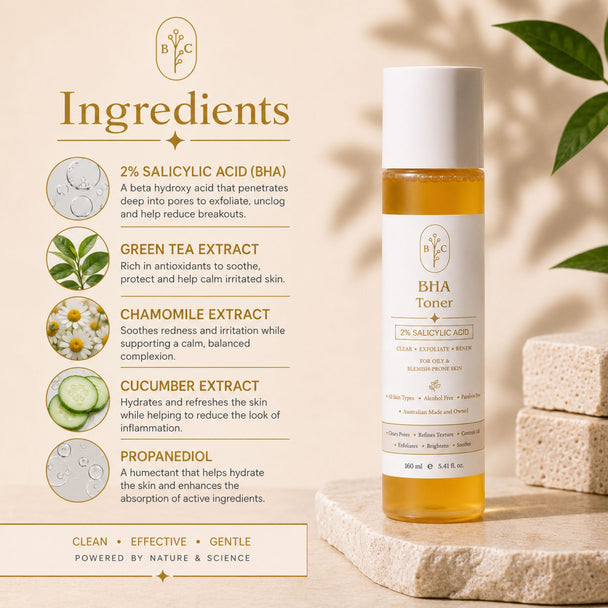Ingredients infographic for Bubble Clinic 2% Salicylic Acid BHA Toner featuring Salicylic Acid, Green Tea, Chamomile, Cucumber Extract and Propanediol to exfoliate, unclog pores, soothe irritation and hydrate oily, blemish-prone skin.