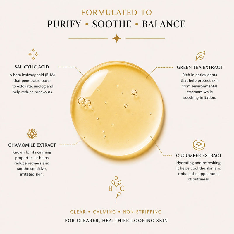 Bubble Clinic 2% Salicylic Acid BHA Toner hero ingredients graphic with salicylic acid, green tea, chamomile and cucumber.