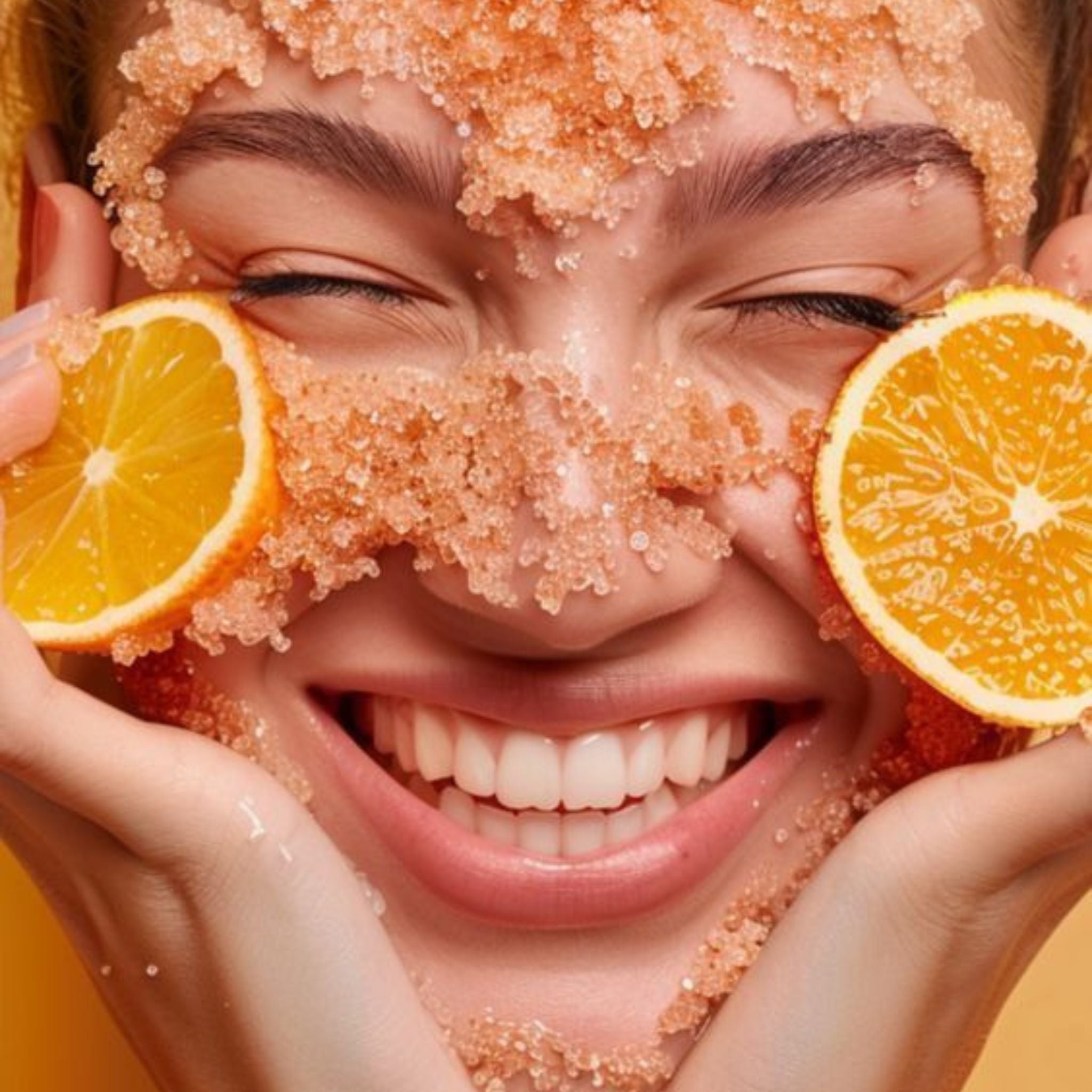 close of girl's face with big smile with orange slices and natural exfoliant on her face representing brightening Vitamin C skincare.
