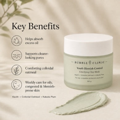 Bubble Clinic Youth Blemish Control clay mask for oily, congested and blemish-prone skin with pale sage clay texture
