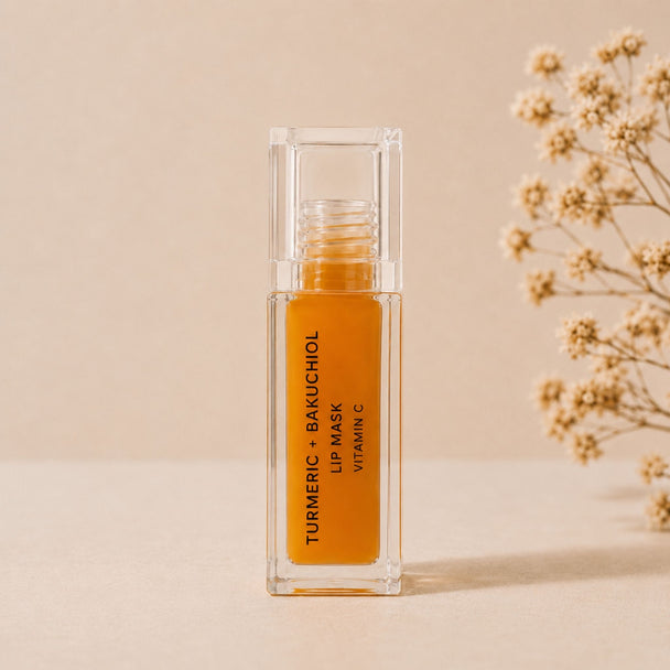 Turmeric and bakuchiol lip mask with Vitamin C in clear luxury lip gloss tube