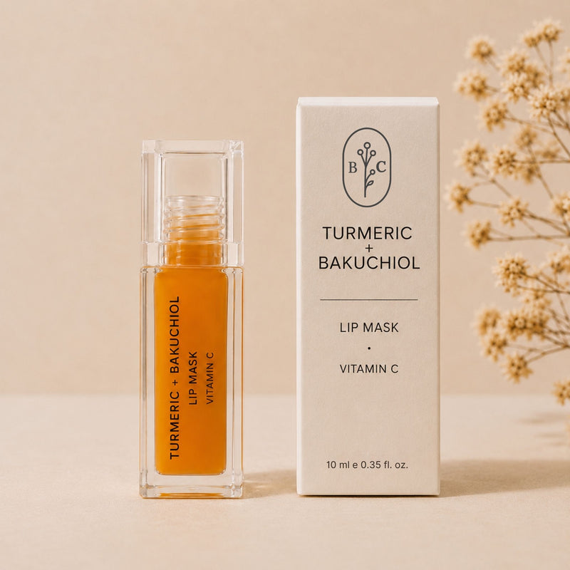 Turmeric and bakuchiol lip mask with Vitamin C displayed with minimalist product carton