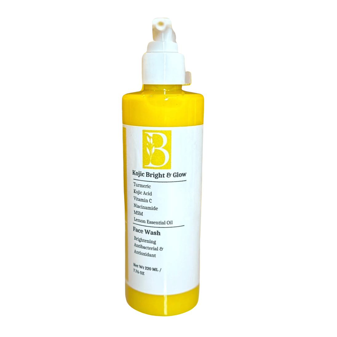 Brightening Turmeric Kojic Acid Face Wash in a sleek transparent pump bottle, filled with a vibrant yellow turmeric-infused formula. Set against a clean white background, highlighting its natural ingredients and powerful skin-brightening properties