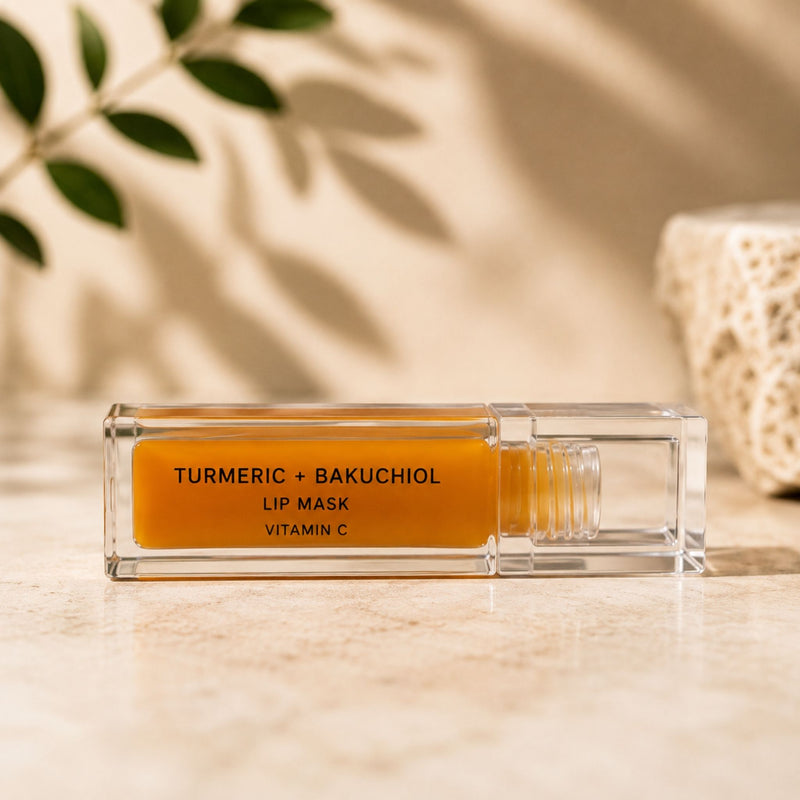 Turmeric and bakuchiol lip mask with Vitamin C in clear luxury lip gloss tube