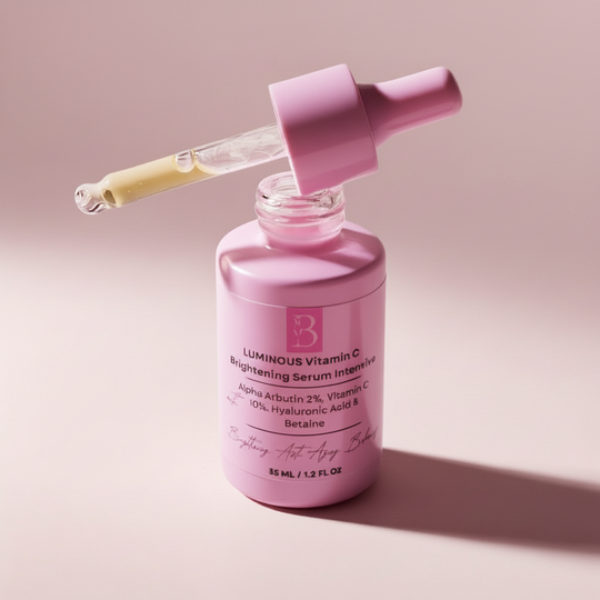 Pink skincare serum bottle with dropper on a beige background representing best Australian-made vitamin-c brightening serum.