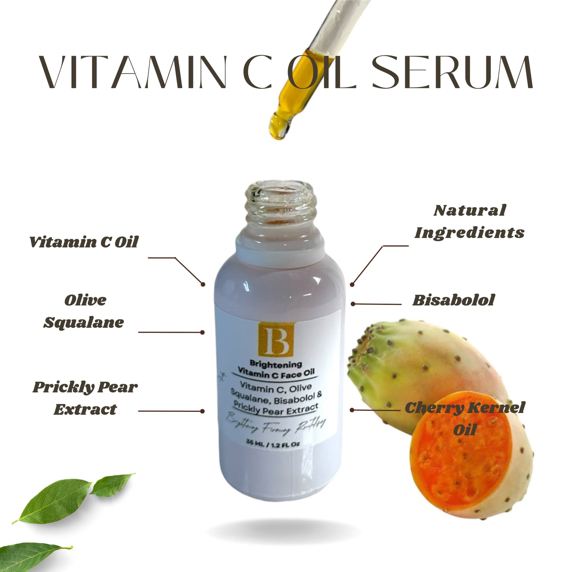 Natural Vitamin C face oil in a serum bottle with dropper, highlighting its bright orange hue. Labels display key ingredients like prickly pear, rosehip, and squalane, emphasizing its clean, organic formulation.