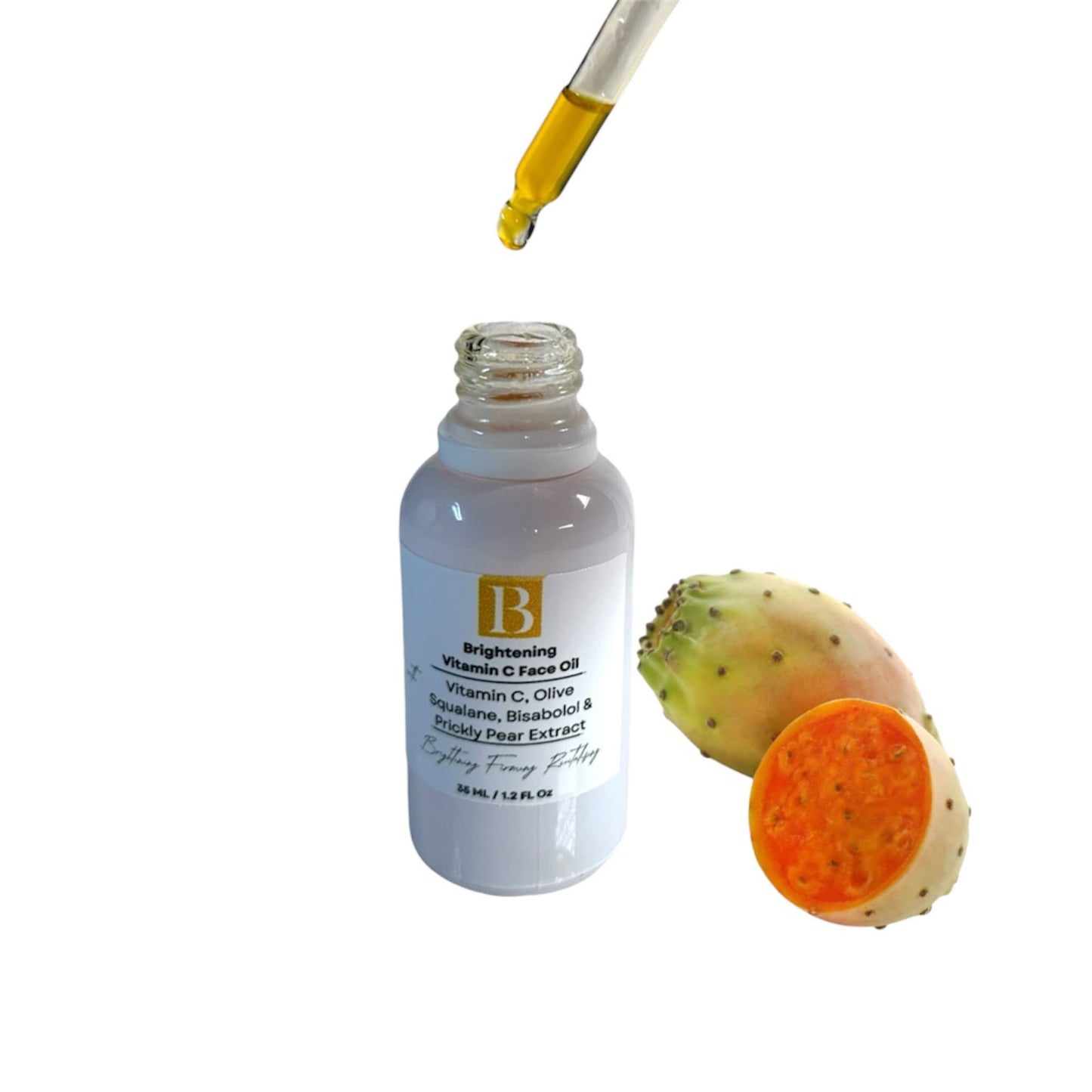 Vitamin C face oil with dropper over serum bottle, showing vibrant orange oil and prickly pear, highlighting brightening and nourishing properties.