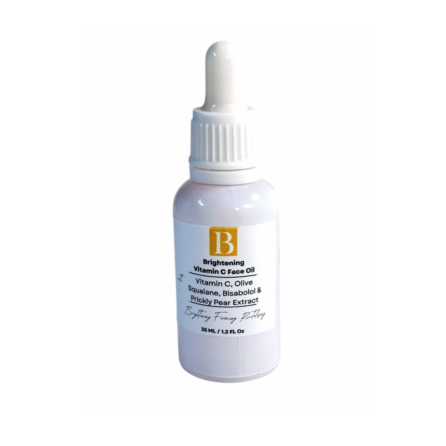 Vitamin C face oil in white serum bottle with dropper, clearly labeled with key active ingredients like rosehip, squalane, and prickly pear.