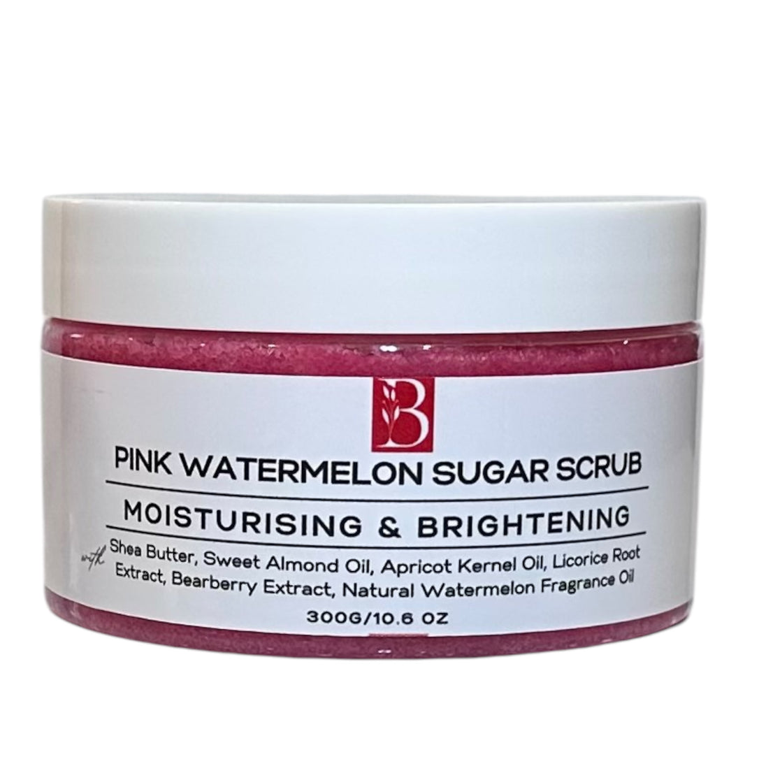 Close-up of Pink Watermelon Brightening Sugar Scrub in a sealed white-lid tub against a clean white background, highlighting its nourishing exfoliating formula.