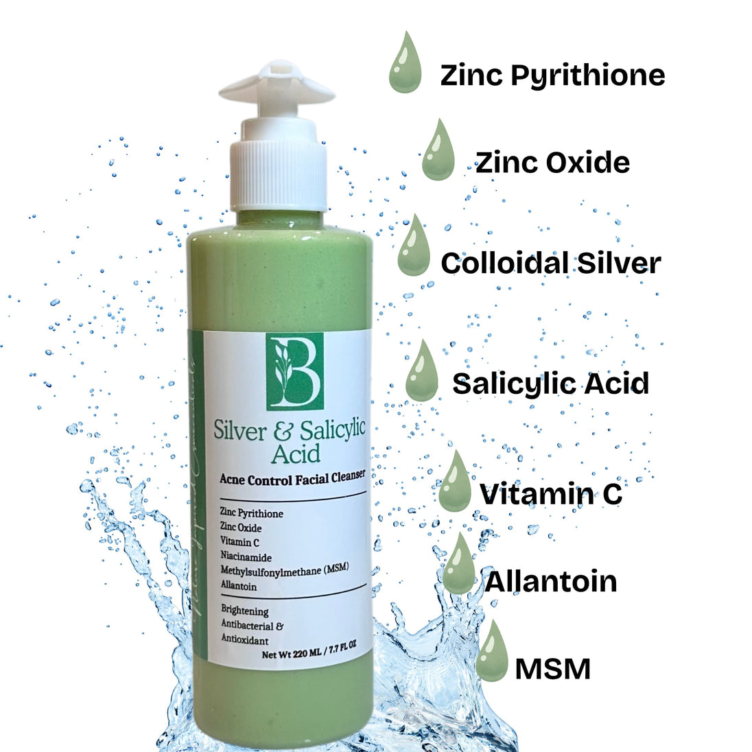 natural product image clear pump bottle of acne control zinc pyrithione cleanser with glycolic and salicylic acids revealing light green hue of spirulina and comfrey and list of ingredients to fight acne.