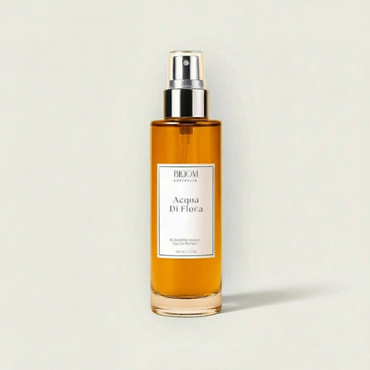 bottle of acqua di flora citrus floral perfume with silver cap and white label on beige background representing australian natural perfumes with essential oils.