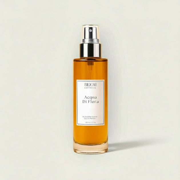 bottle of acqua di flora citrus floral perfume with silver cap and white label on beige background representing australian natural perfumes with essential oils.