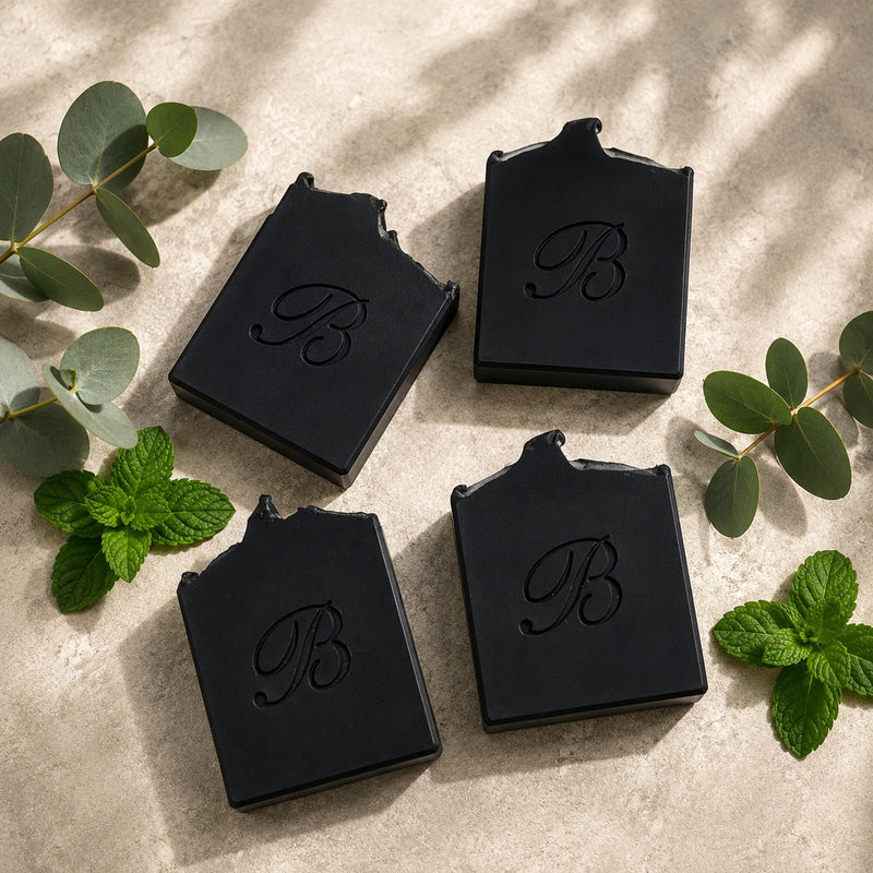 Activated charcoal soap bars with eucalyptus and peppermint on warm ivory background