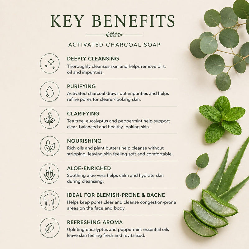 Activated charcoal soap key benefits for deep cleansing, purifying and blemish-prone skin including bacne-prone areas