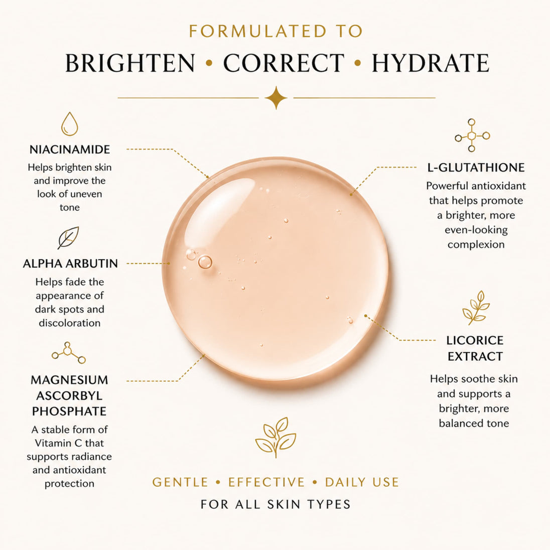 Luxury brightening toner close up of testure and ingredients benefits for daily skincare with Niacinamide, Alpha Arbutin and Vitamin C to promote smooth, radiant-looking skin.