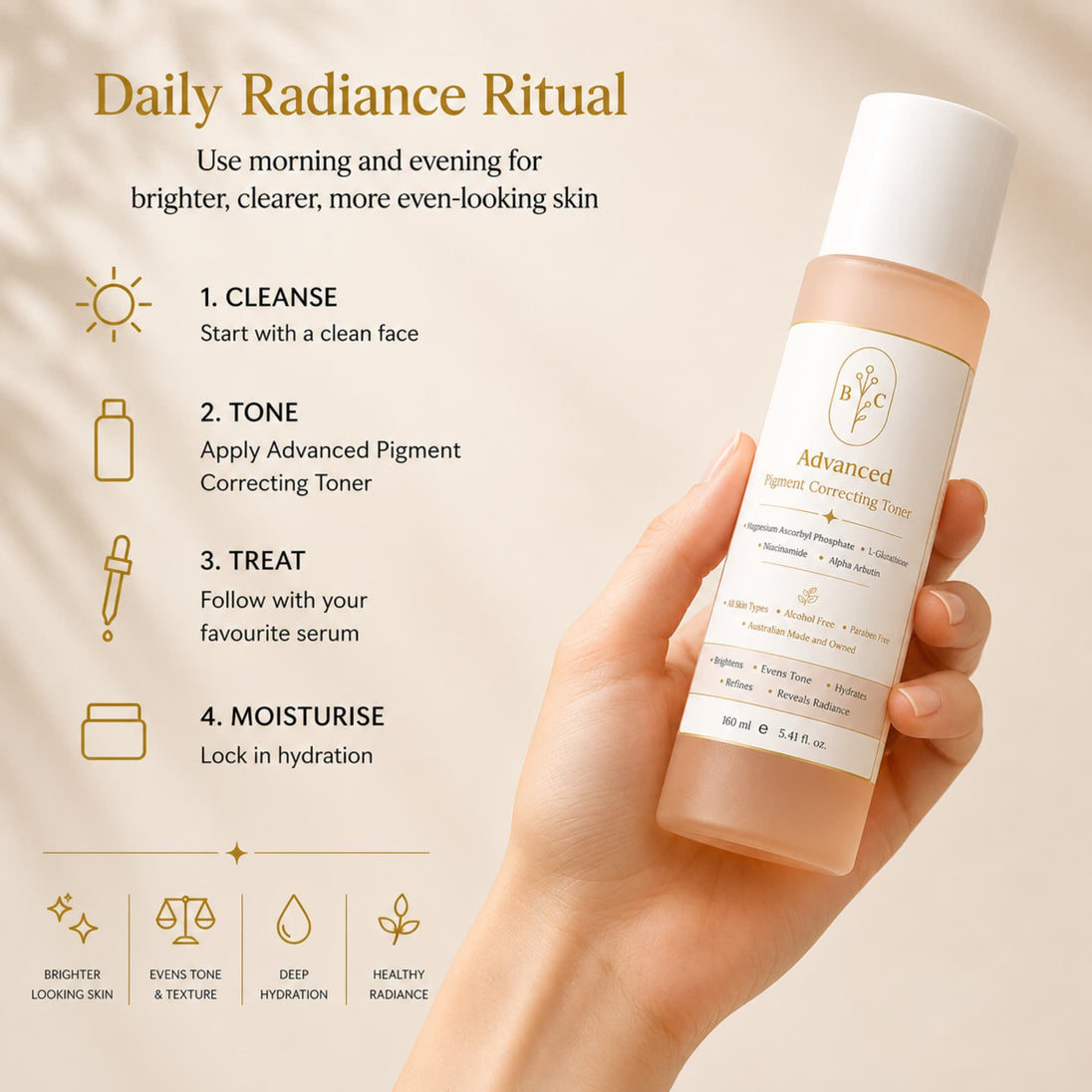Luxury brightening toner for daily skincare  routine for premium brighteing results with Niacinamide, Alpha Arbutin and Vitamin C to promote smooth, radiant-looking skin.