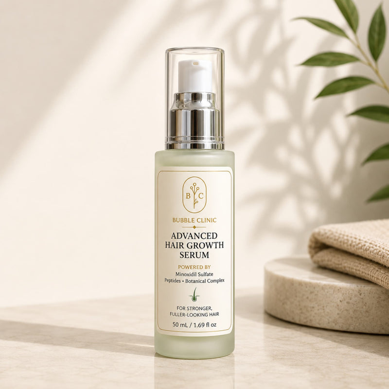 Bubble Clinic Advanced Hair Growth Serum 50ml with minoxidil in frosted 50 ml glass bottle with peptide scalp serum formula for thinning hair to support healthy scalp and promote hair growth.