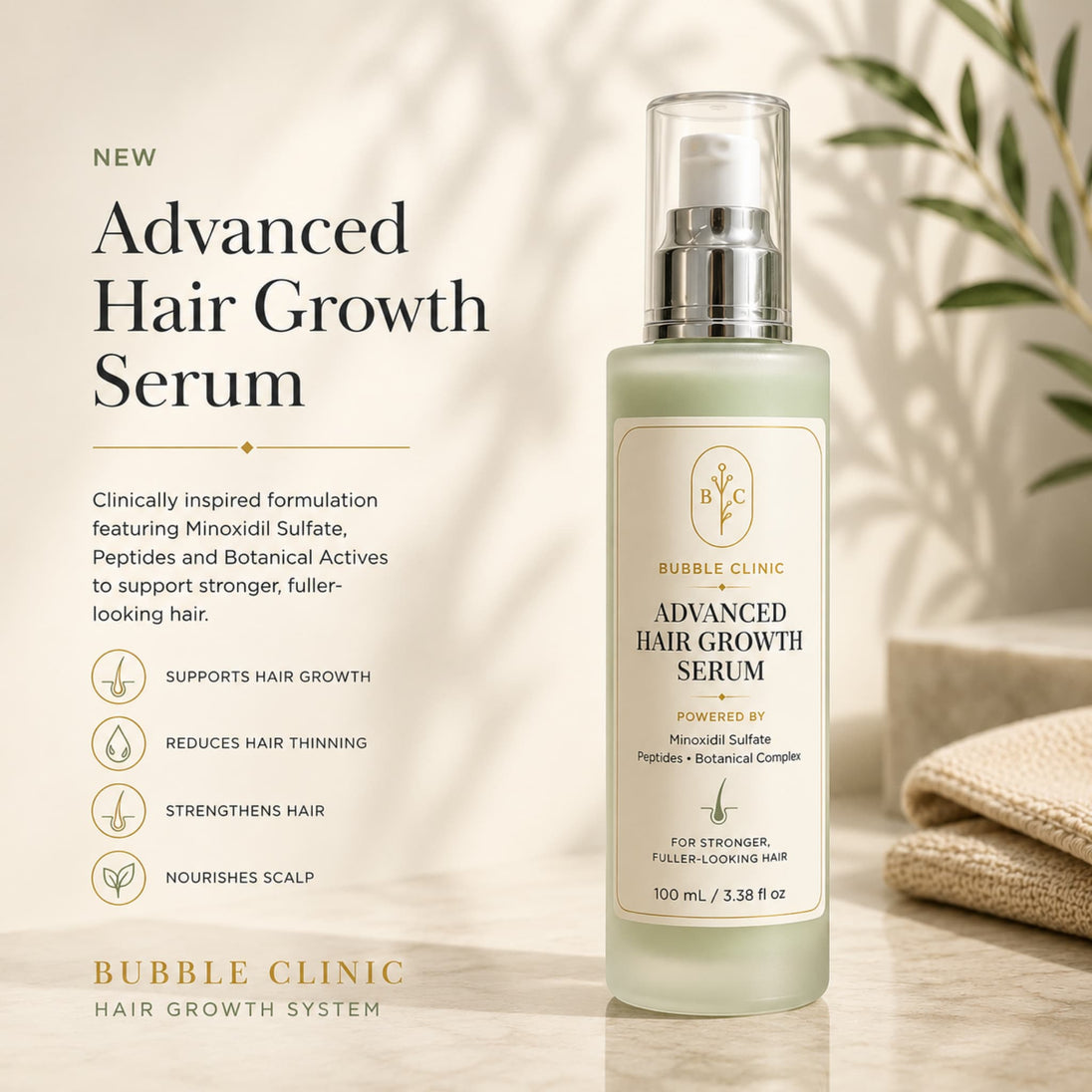 Bubble Clinic Advanced Hair Growth Serum bottle on a light marble surface with a soft beige background, decorative leaves, and text callouts with list of ingredients and benefits to support healthy hair growth.