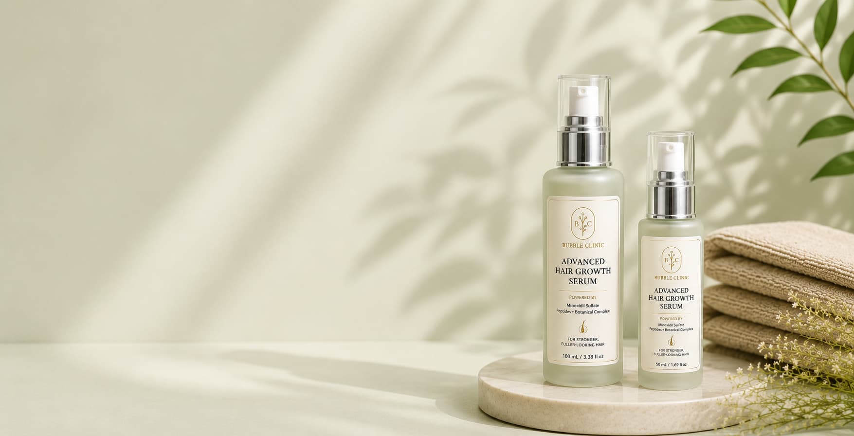 two bottles of Lightweight daily minoxidil 5% serum with peptides and botanical actives for hair growth on a minimalist sage background representing best hair growth solutions Australia. 