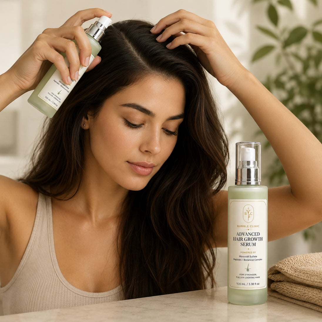 Minoxidil hair growth serum being applied by woman to scalp to represent best hair gowth treatment Australia.