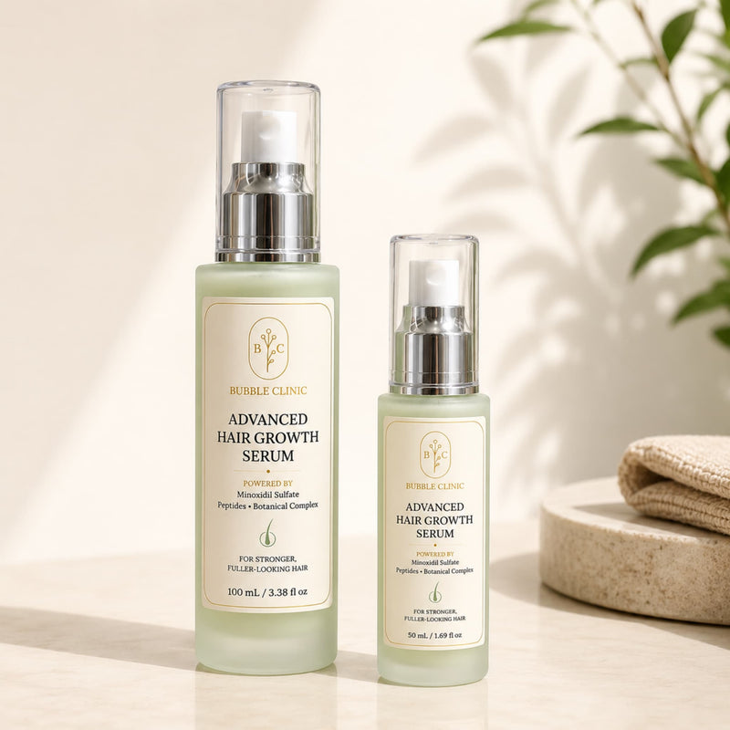 Bubble Clinic Advanced Hair Growth Serum available in 50mL and 100mL frosted glass bottles for daily scalp care and healthy hair regrowth.