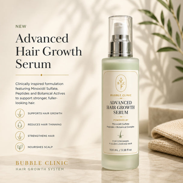Bubble Clinic Advanced Hair Growth Serum 100mL lightweight daily scalp serum with peptides and botanical ingredients target hair loss and support healthy hair growth.