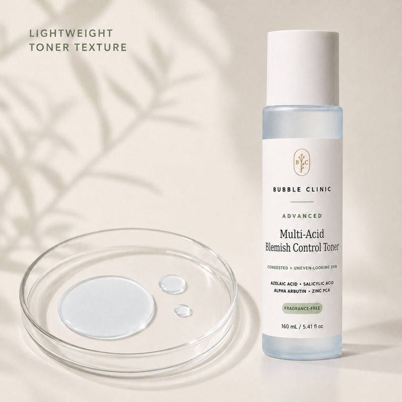 Advanced Multi-Acid Blemish Control Toner with a lightweight liquid formula shown in a glass dish.