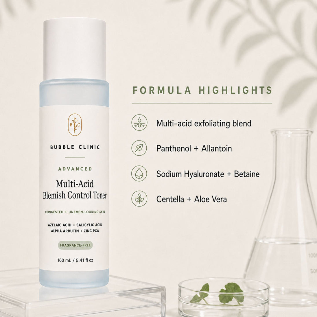 Bubble Clinic Advanced Multi-Acid Blemish Control Toner bottle displayed on a clear acrylic stand next to a 'Formula Highlights' text panel detailing its ingredients, with botanical graphics in the background.
