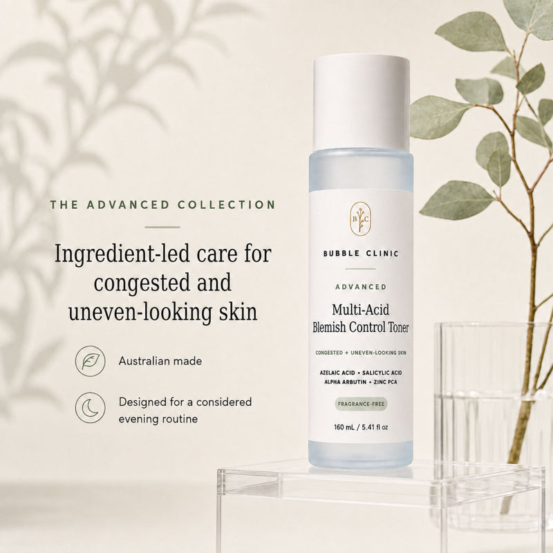 Advanced Multi-Acid Blemish Control Toner fragrance-free exfoliating formula for congested and uneven-looking skin.