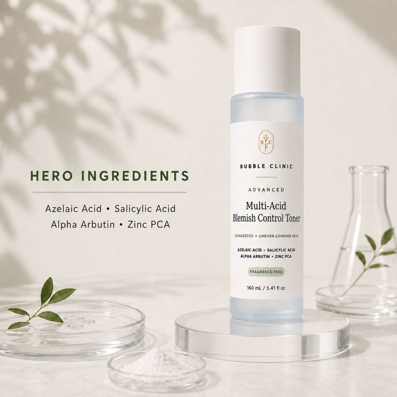 Advanced Multi-Acid Blemish Control Toner hero ingredients including glycolic, lactic, salicylic and azelaic acids with alpha arbutin.