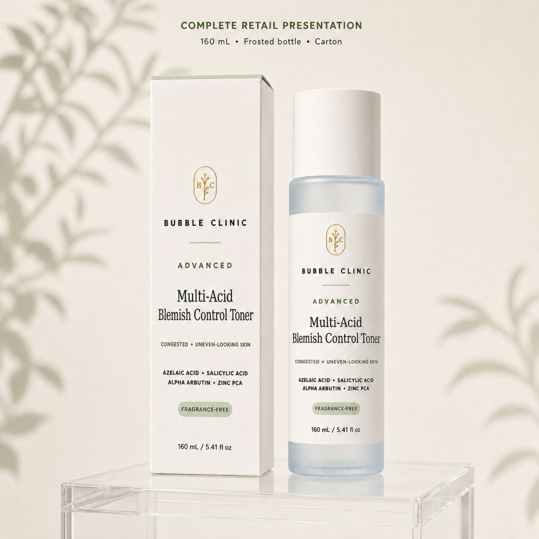 Bubble Clinic Multi-Acid Blemish Control Toner shown with its white retail box and frosted bottle on a clear acrylic stand against a warm beige background with soft leaf shadows.