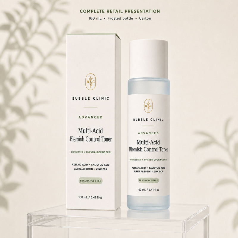 Bubble Clinic Advanced Multi-Acid Blemish Control Toner with frosted bottle and retail carton.