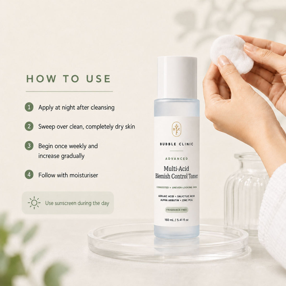Advanced Multi-Acid Blemish Control Toner how-to-use skincare routine showing the toner bottle and hands applying toner to a cotton round for blemish-prone and congested skin.