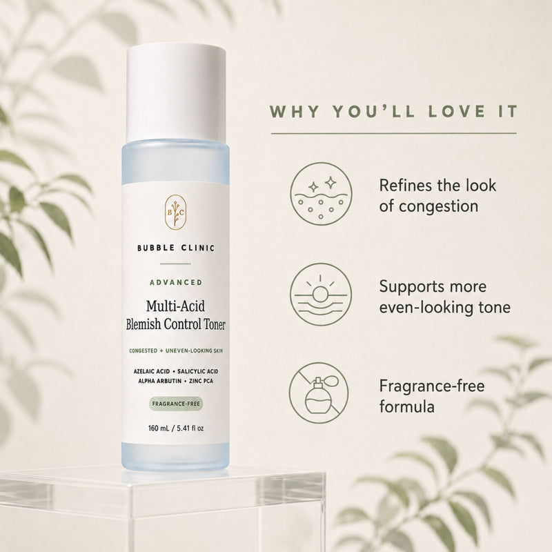 Advanced Multi-Acid Blemish Control Toner benefits for congestion, uneven-looking tone and fragrance-free exfoliation.