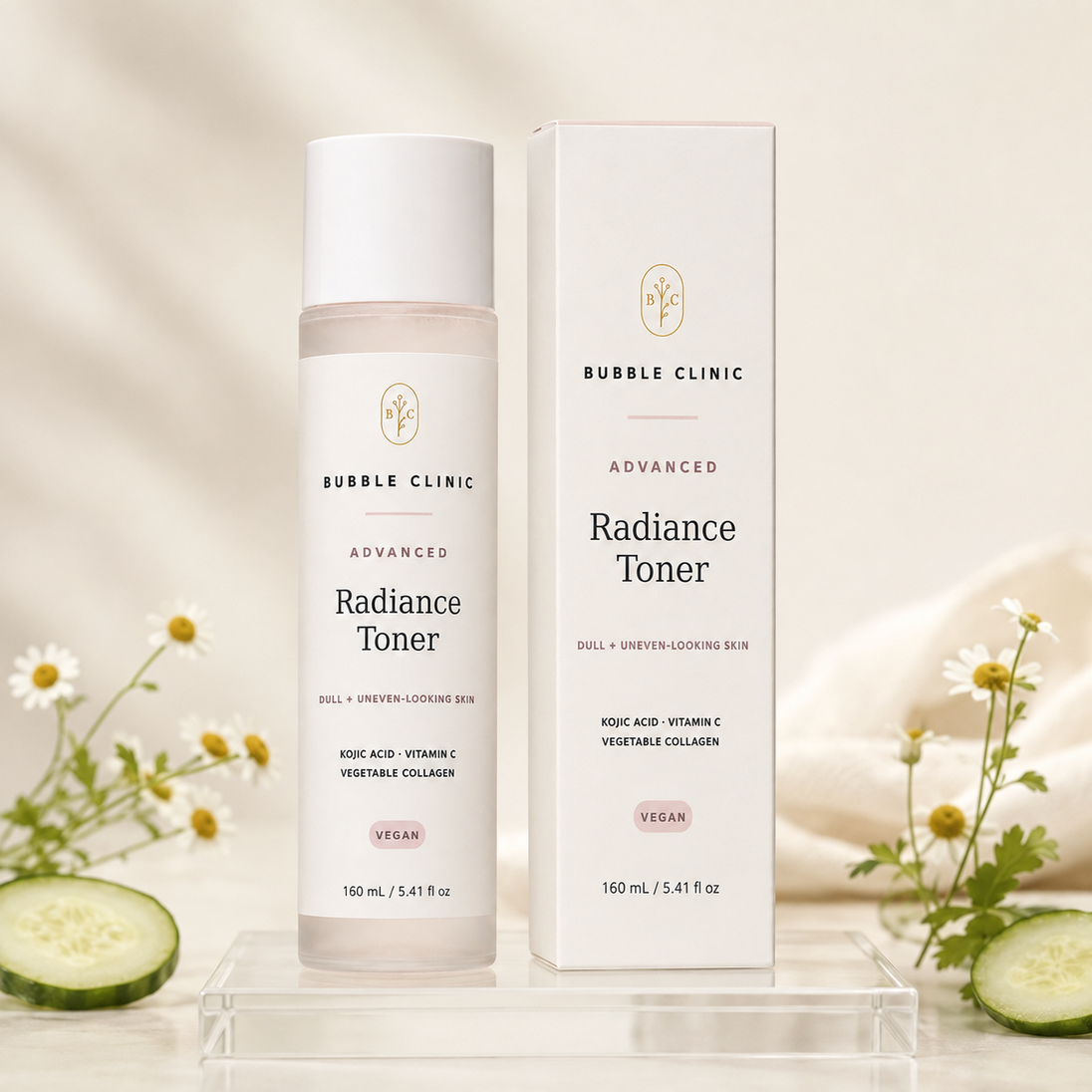 Advanced Radiance Toner 160 mL frosted bottle with its tall narrow muted-blush carton