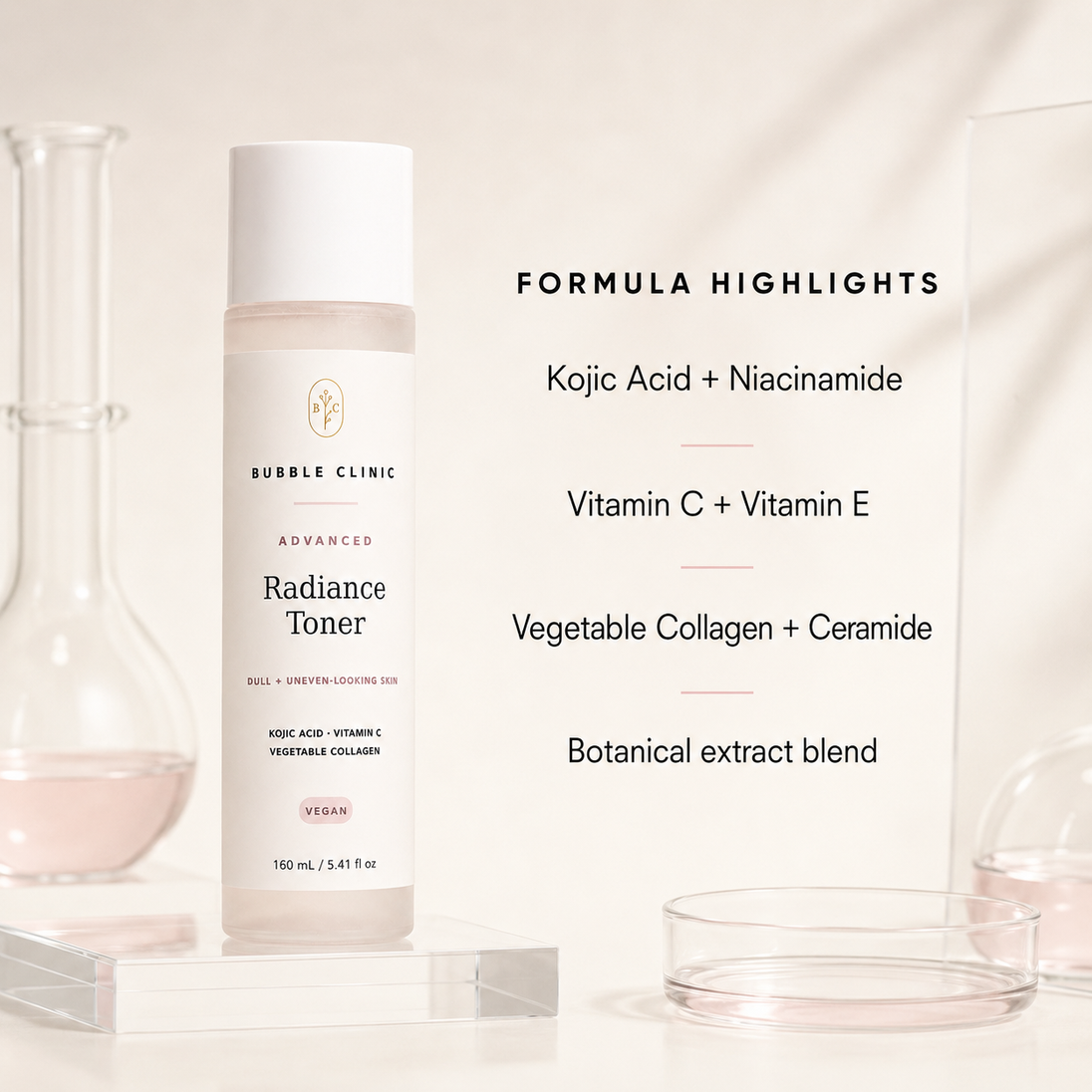 Advanced Radiance Toner formula highlights including kojic acid, niacinamide, vitamins and ceramide