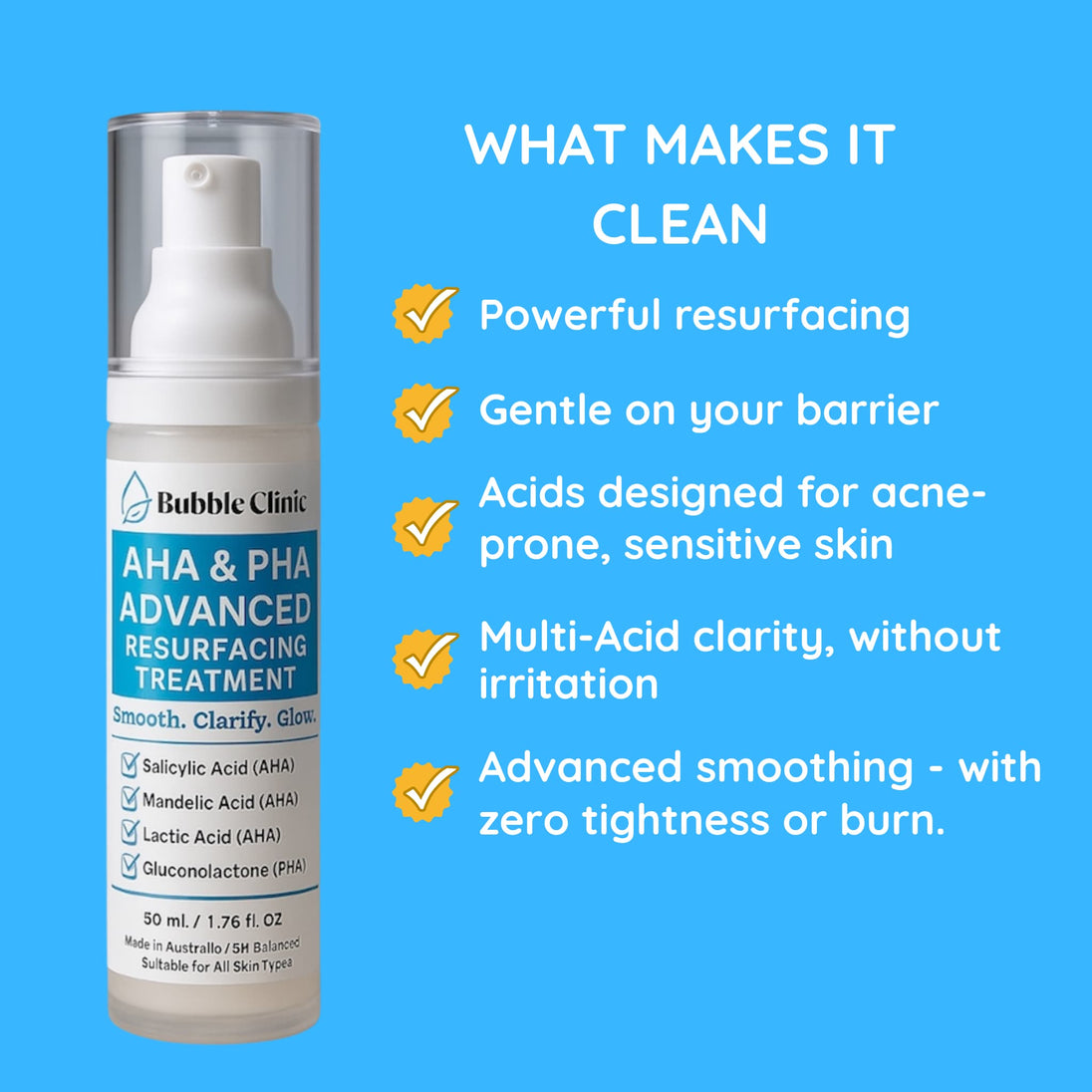 Bubble Clinic AHA & PHA Advanced Resurfacing Lotion bottle with effects listed on a blue background including powerful resurfacing, gentle, sensitive skin, no irritation, smoothing with zero tightness or burn.